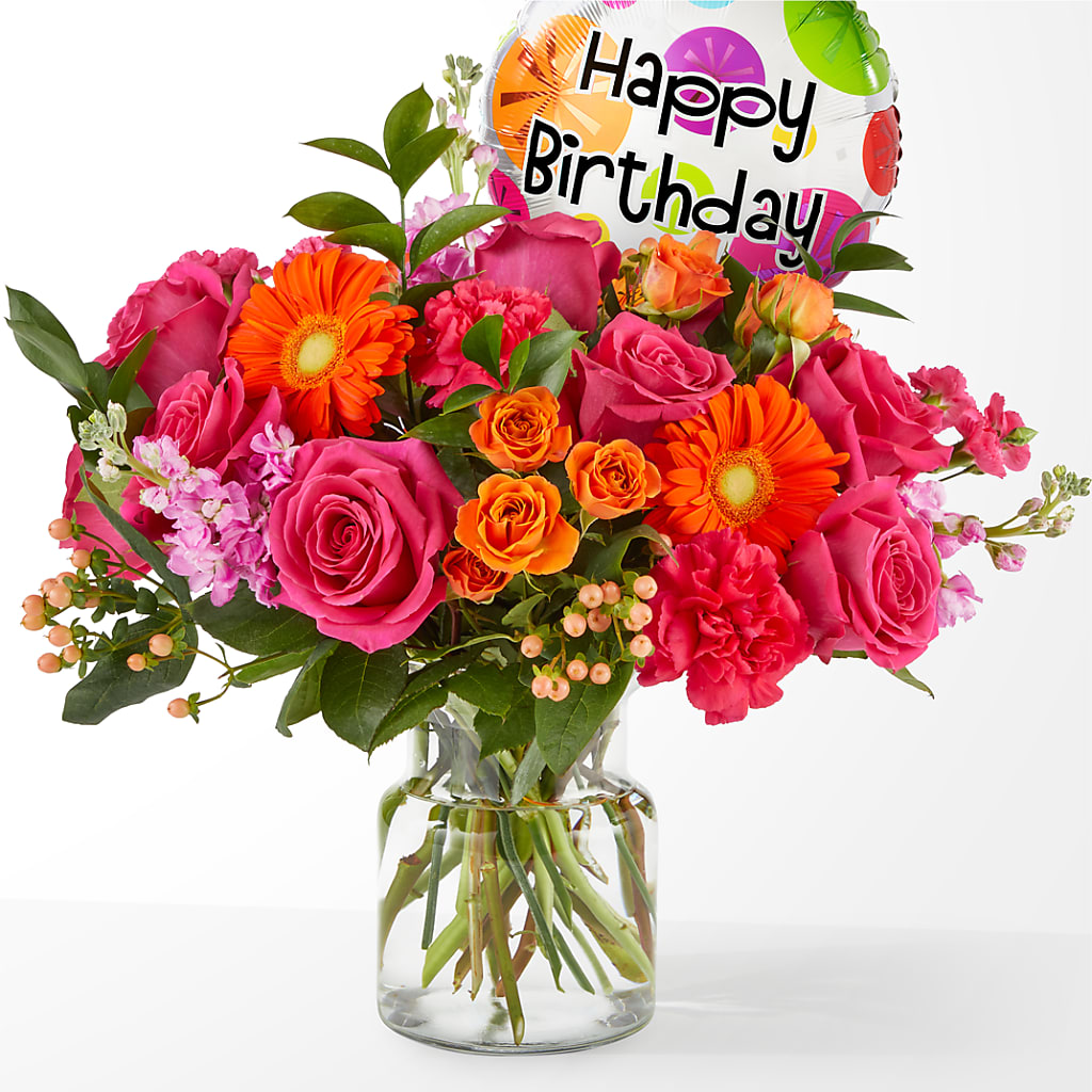 Fiesta Bouquet with Birthday Balloon – VICKIE'S FLOWERS, Cypress CA