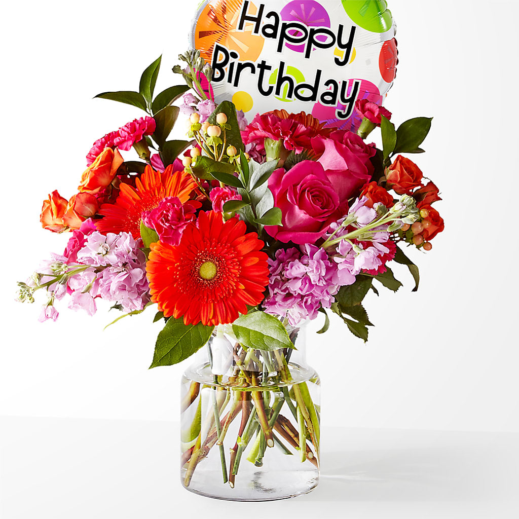 Fiesta Bouquet with Birthday Balloon – VICKIE'S FLOWERS, Cypress CA