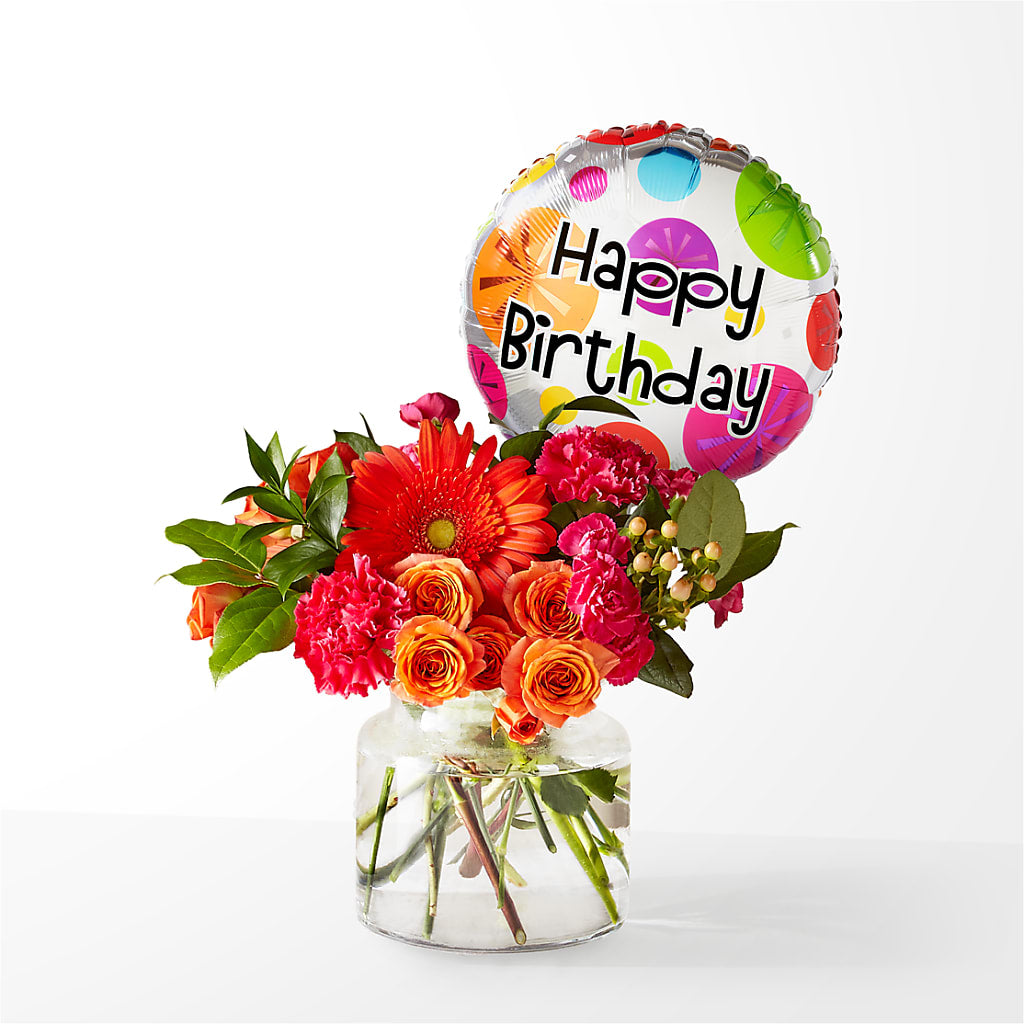 Fiesta Bouquet with Birthday Balloon – VICKIE'S FLOWERS, Cypress CA