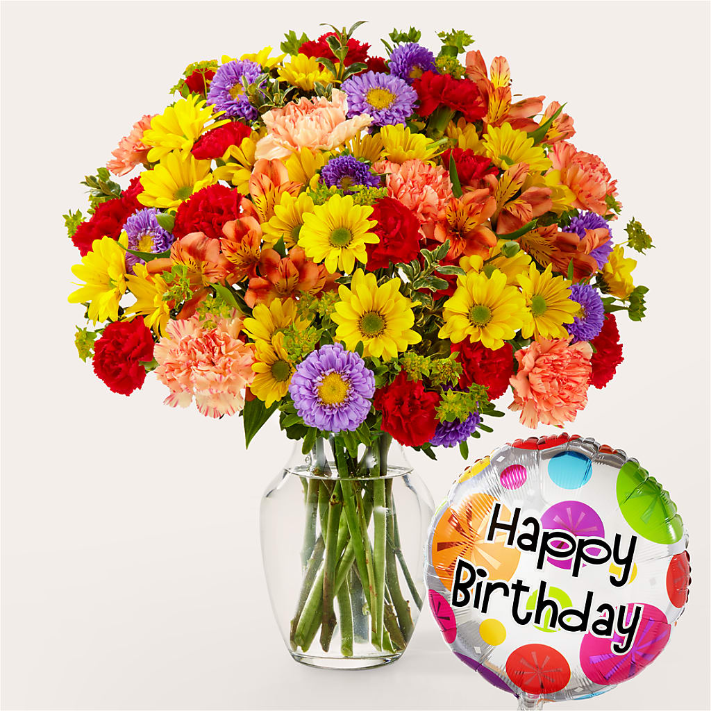 Kaleidoscope Bouquet with Birthday Balloon – VICKIE'S FLOWERS, Cypress CA