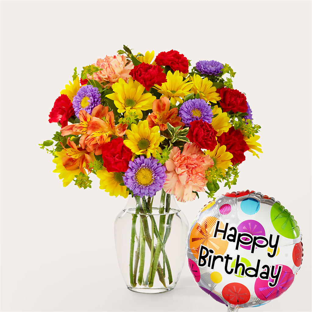 Kaleidoscope Bouquet with Birthday Balloon – VICKIE'S FLOWERS, Cypress CA