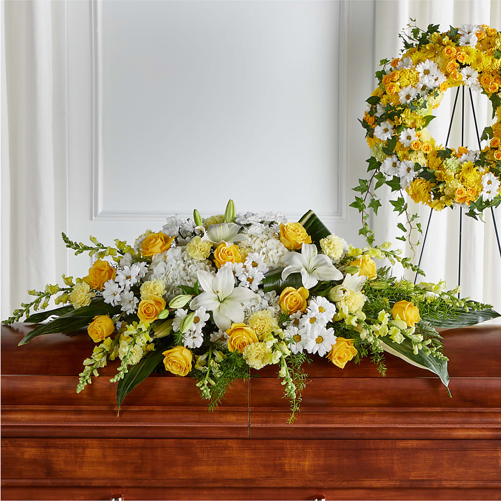 Golden Harmony Casket Spray – VICKIE'S FLOWERS, Cypress CA