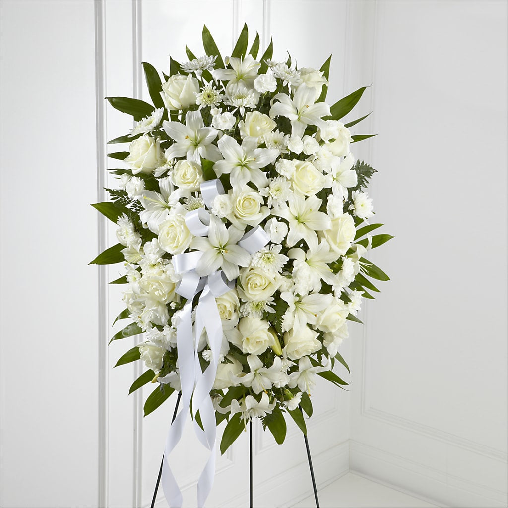 Exquisite Tribute Standing Spray-White Ribbon – VICKIE'S FLOWERS, Cypress CA