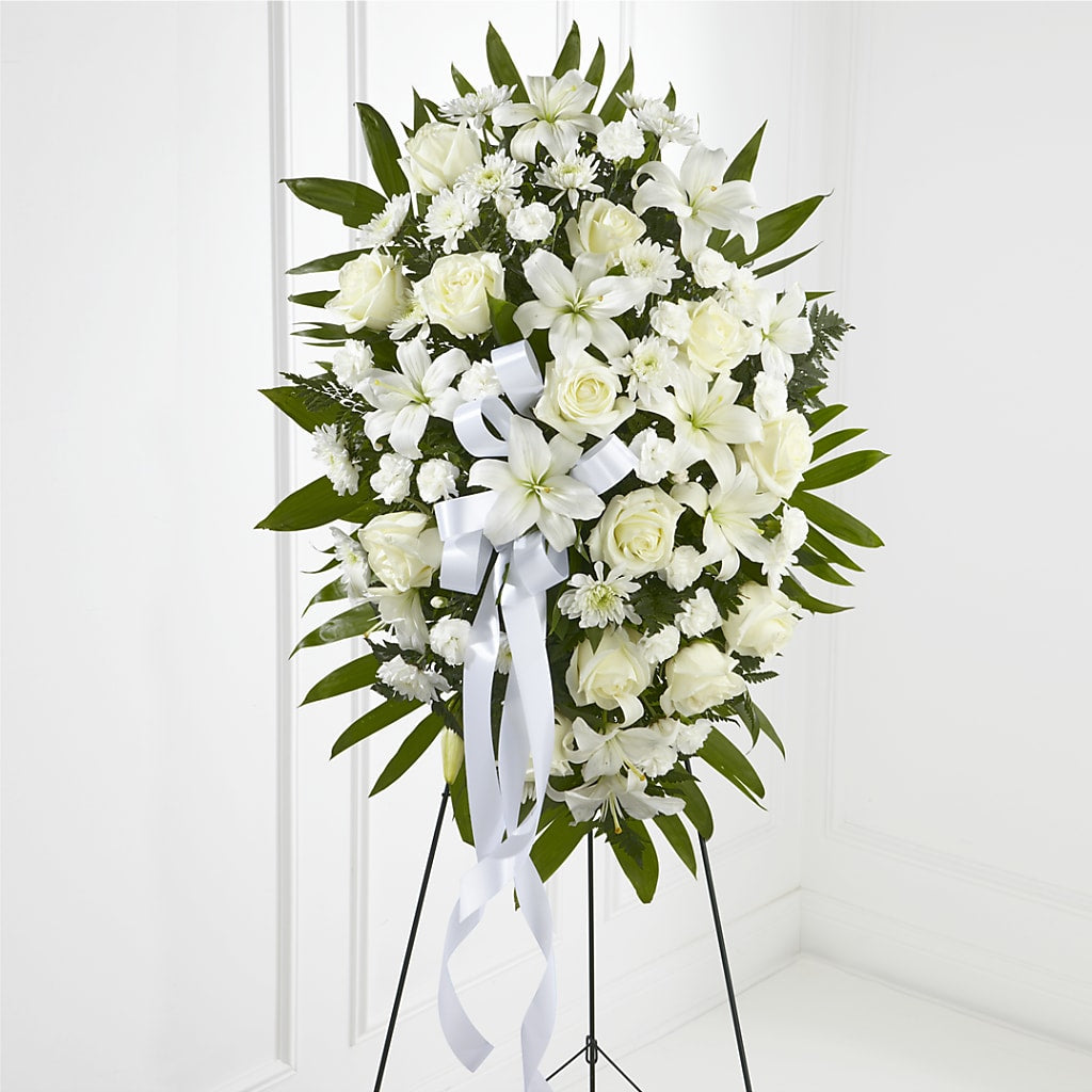 Exquisite Tribute Standing Spray-White Ribbon – VICKIE'S FLOWERS, Cypress CA