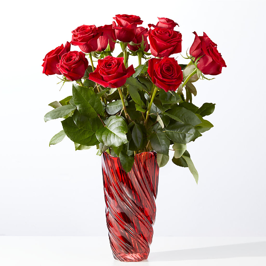 Classic Love Red Rose Bouquet with Red Swirl Vase